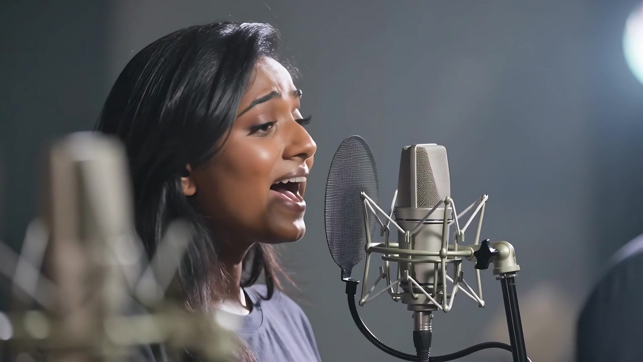 Cantante indiana, con gli occhi chiusi, canta per una registrazione in studio, utilizzando un microfono a condensatore con filtro anti-pop, indossa un top grigio.