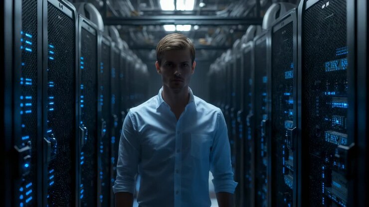 Shifting weight IT professional walking down data-center aisle, inspecting flashing server cabinets