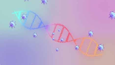 animación de células de covid 19 que se mueven sobre la hilera de adn girando