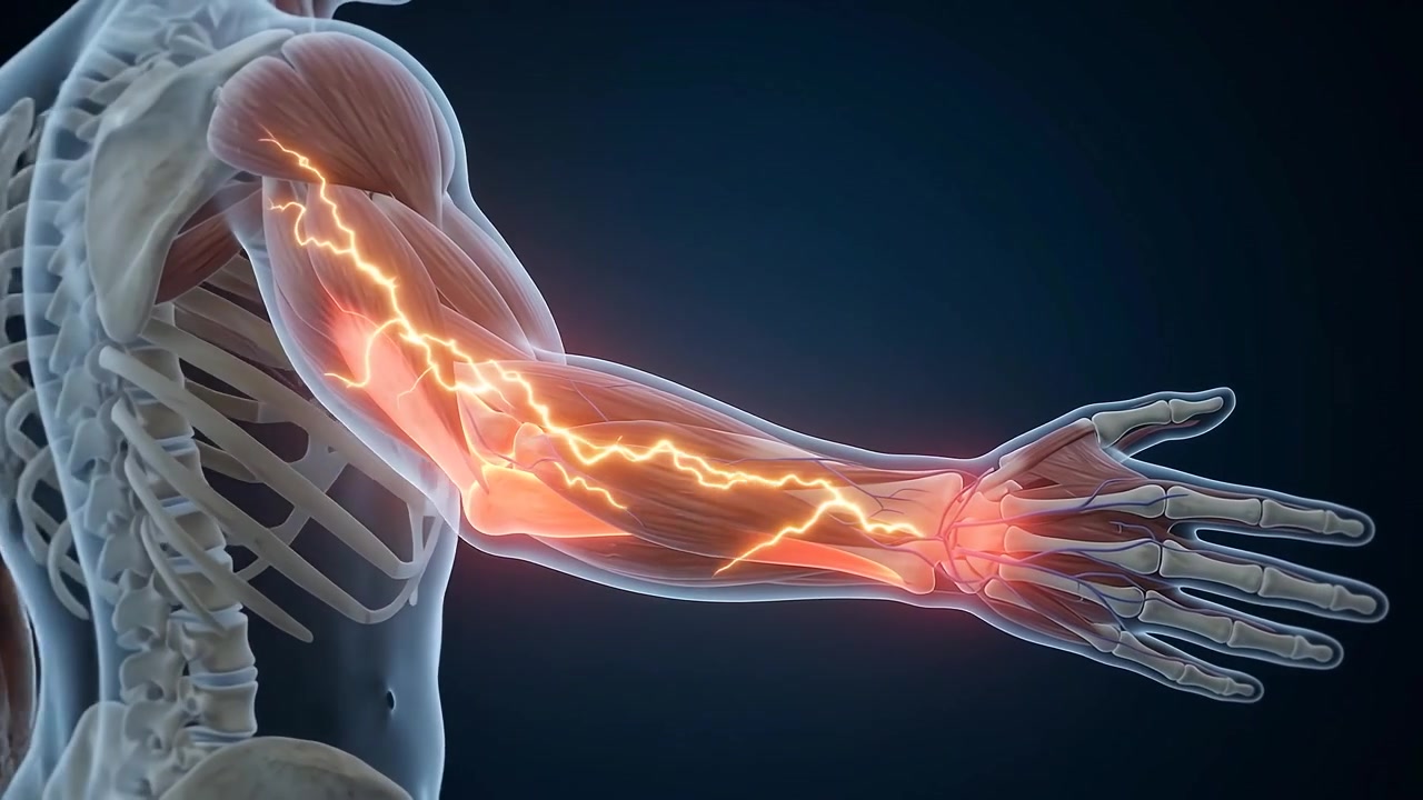 Animazione medica 3D del dolore e dell'infiammazione del nervo del braccio umano