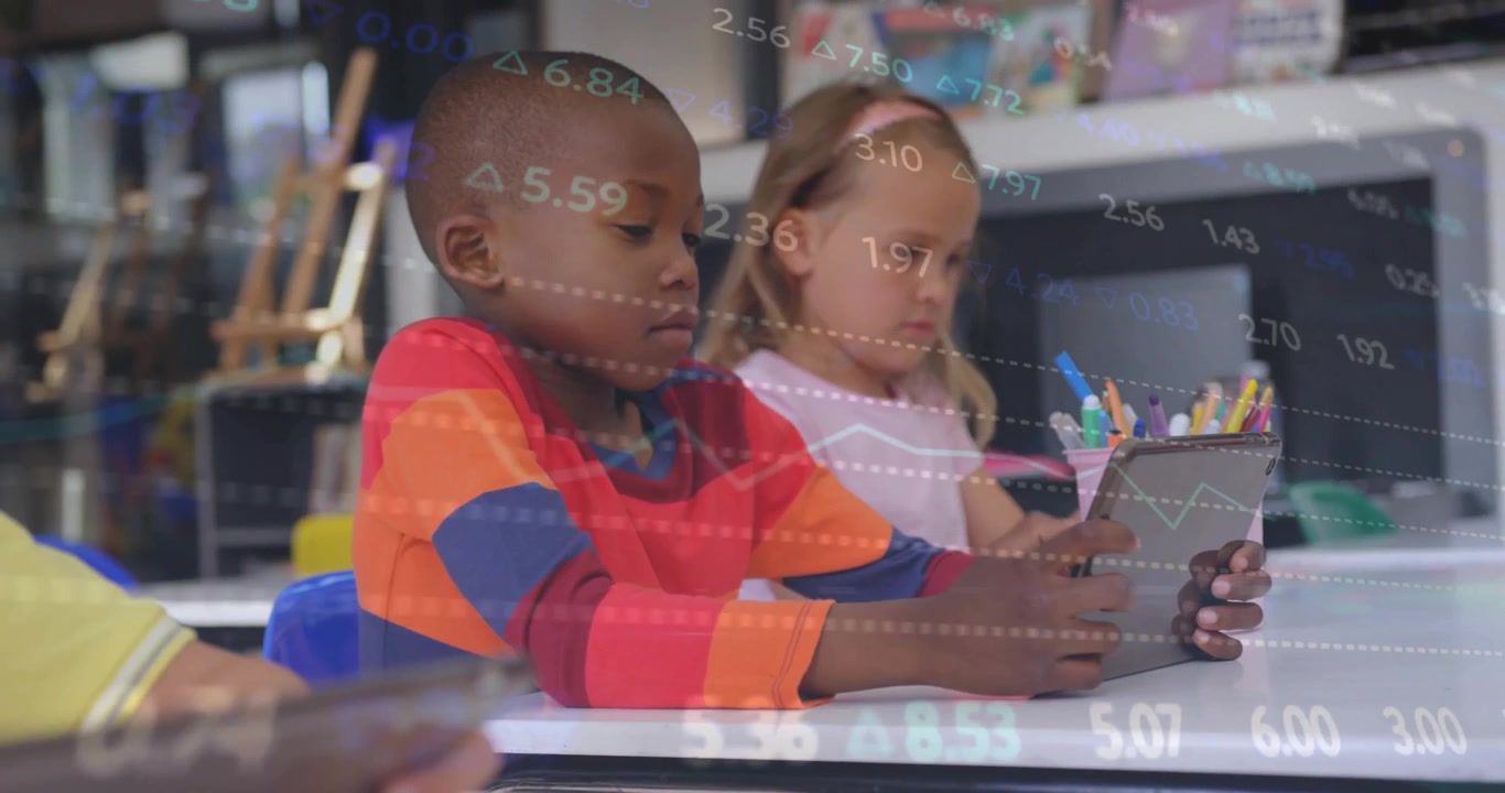Elementary students tapping tablets in classroom, causing data overlays supporting digital learning