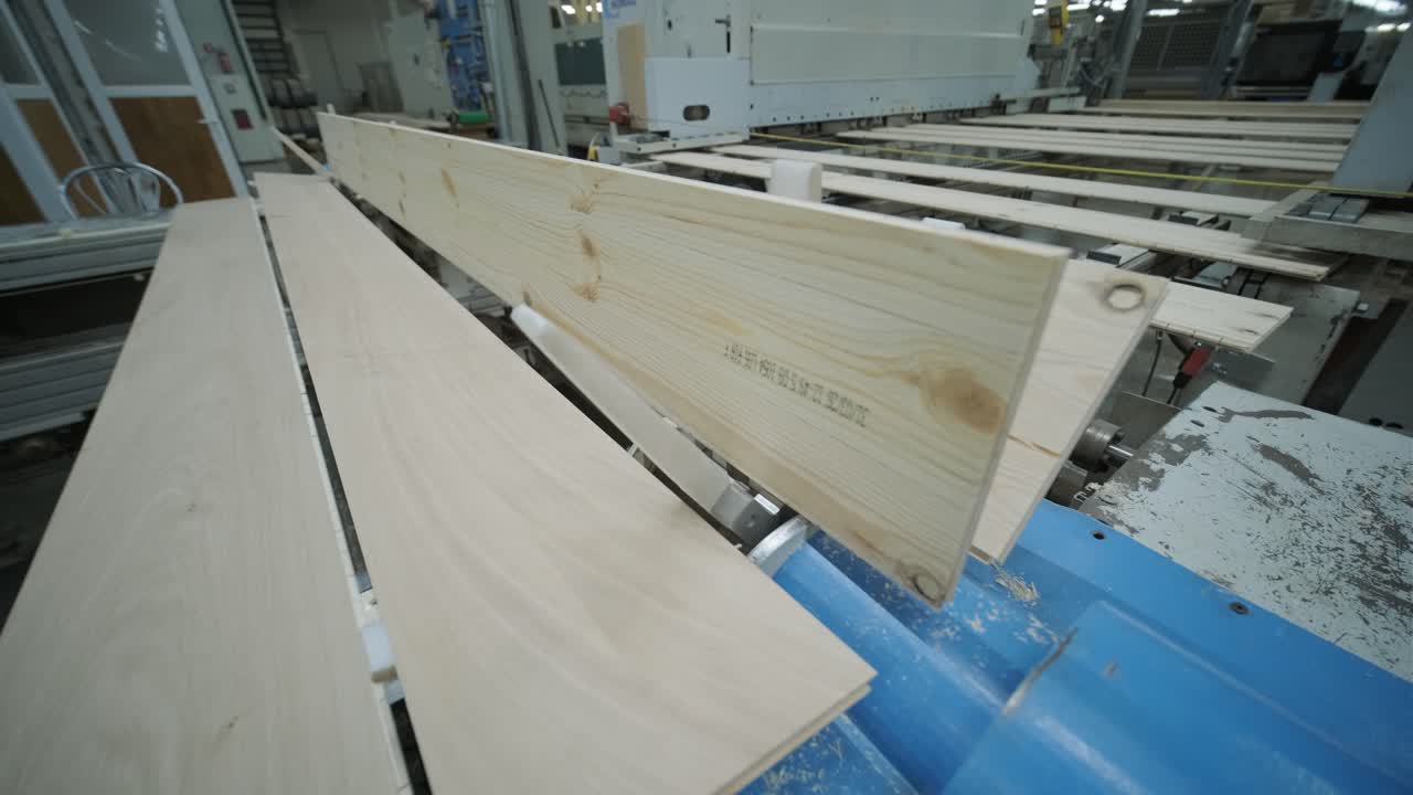 Planche di legno che si muovono su un nastro trasportatore in una fabbrica
