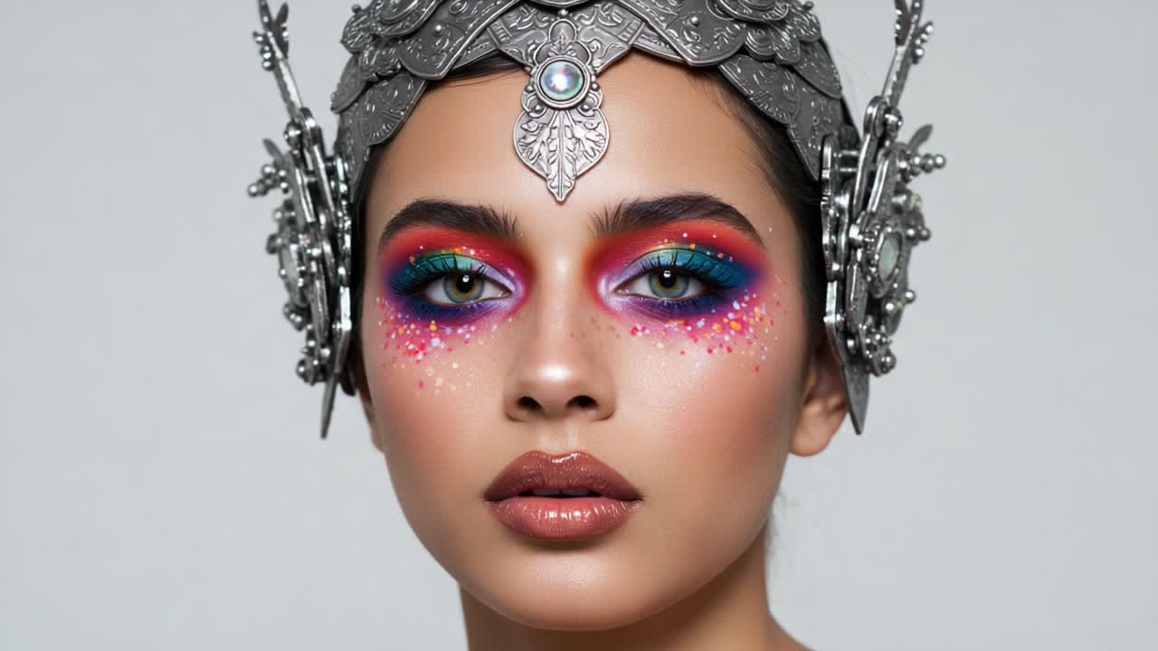 Stunning Portrayal of a Model with Vibrant Makeup and Ornate Silver Headpiece Showcasing Artistic Expression and Unique Style in a Captivating Portrait