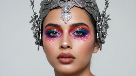 stunning portrayal of a model with vibrant makeup and ornate silver headpiece showcasing artistic expression and unique style in a captivating portrait