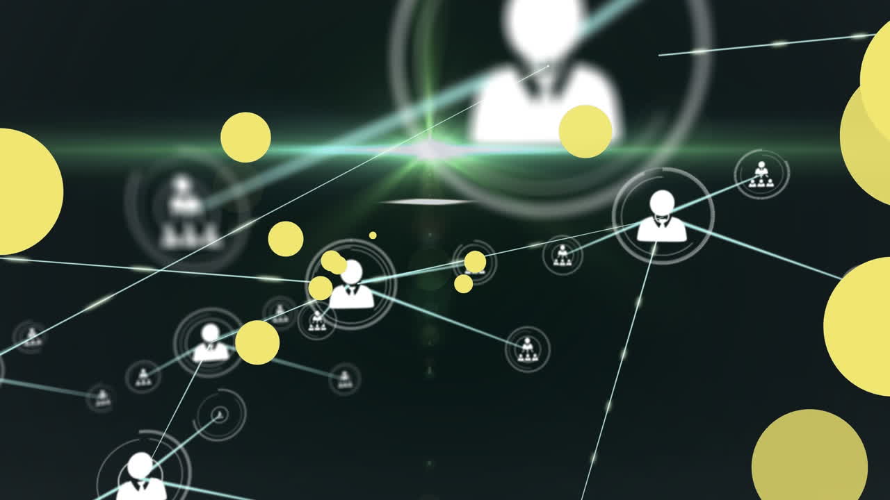 Animation of light spots over network of connections with icons on black background