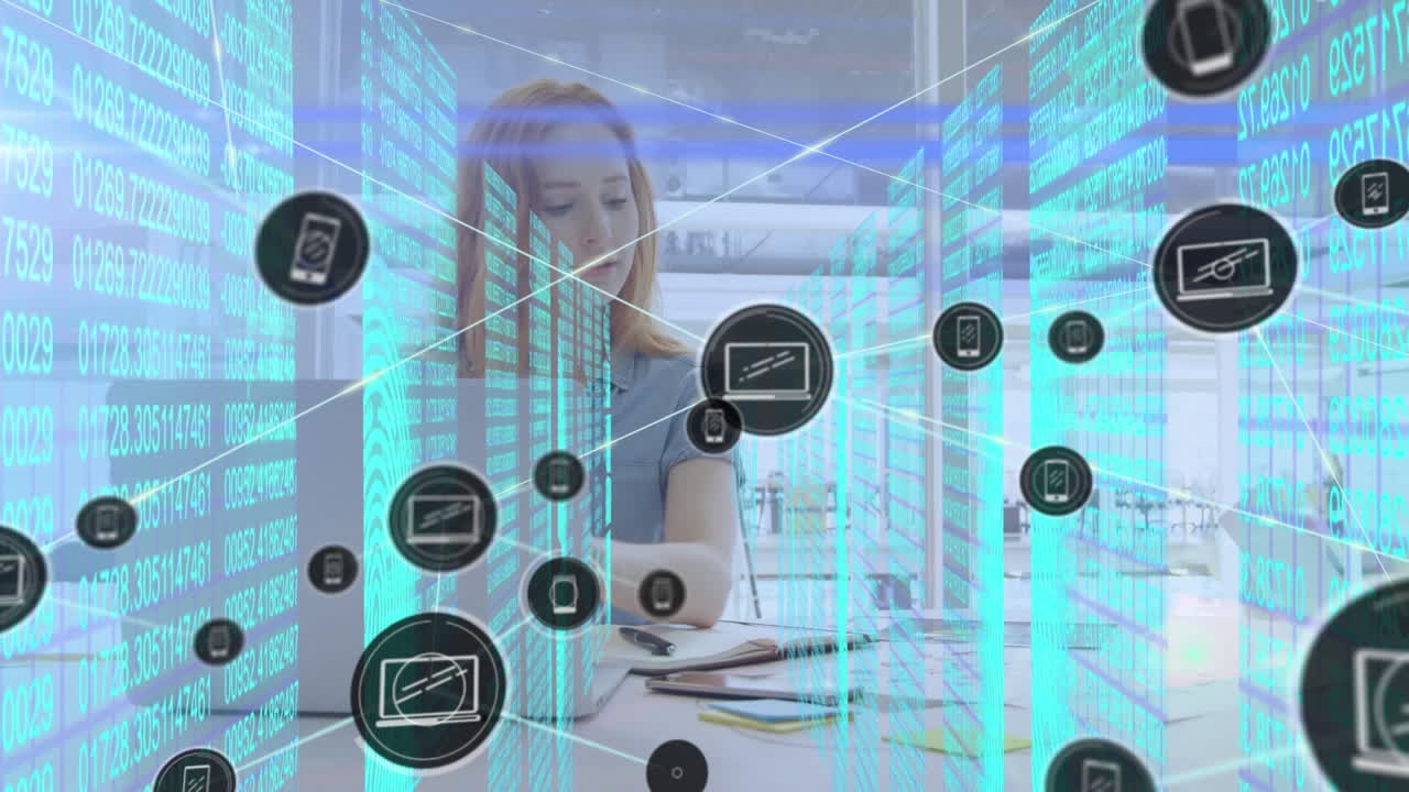 animación de la red de conexiones sobre la mujer de negocios caucásica en la oficina