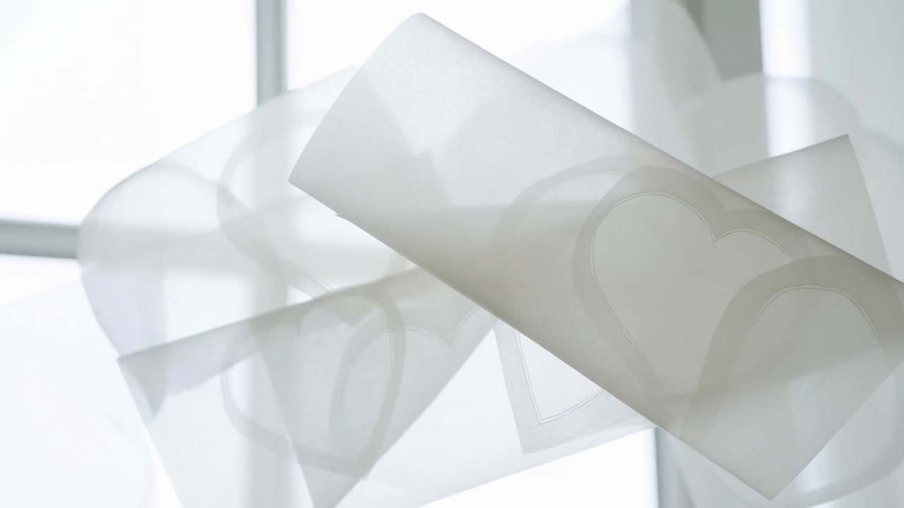 Layered translucent paper cutouts tilt and overlap beside bright window grid, creating soft heart and circular silhouettes, pale shadows, delicate craft textures, airy romantic abstract composition