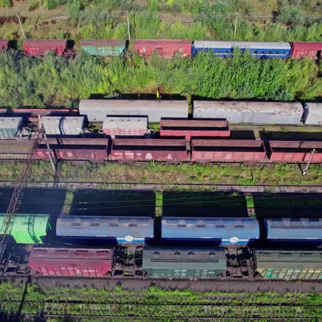 aerial view of freight train cars in a rail yard