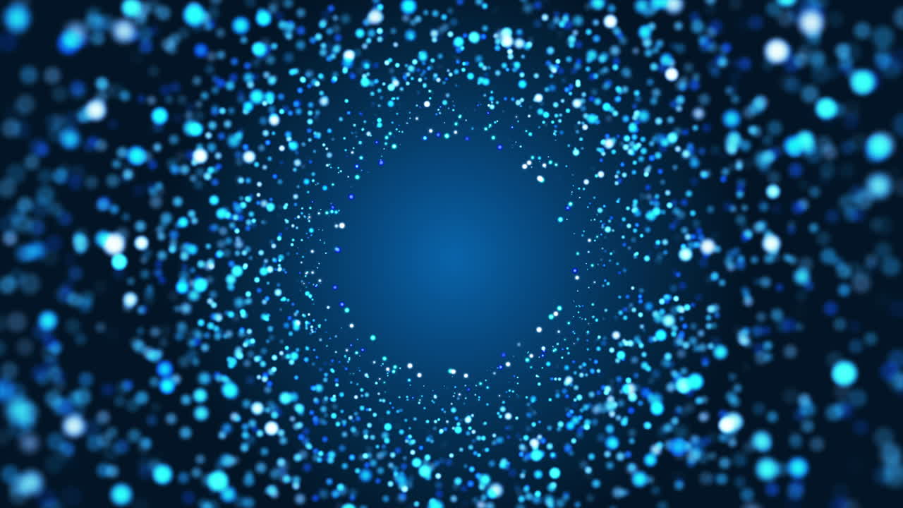 Futuristic blue background with flying bright glowing blurred particles in the form of a circle. Looped animation.