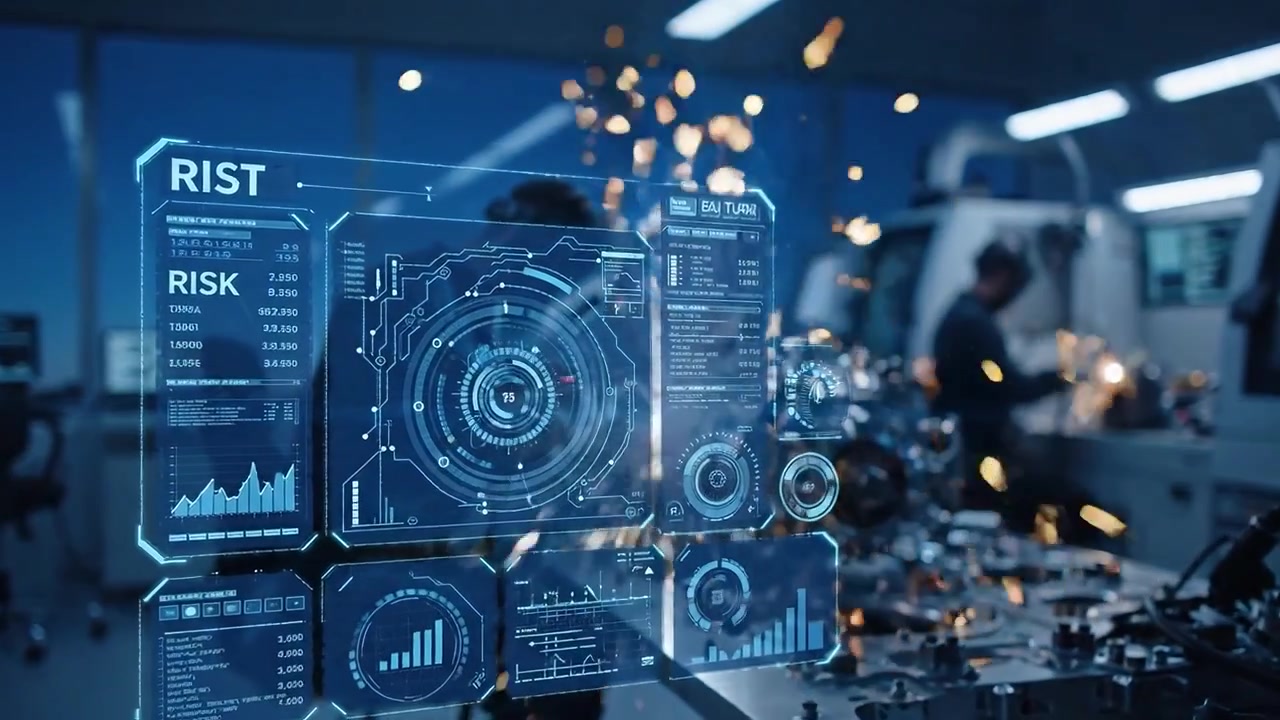 Welder Working on Machine Part with Futuristic HUD in Modern Factory
