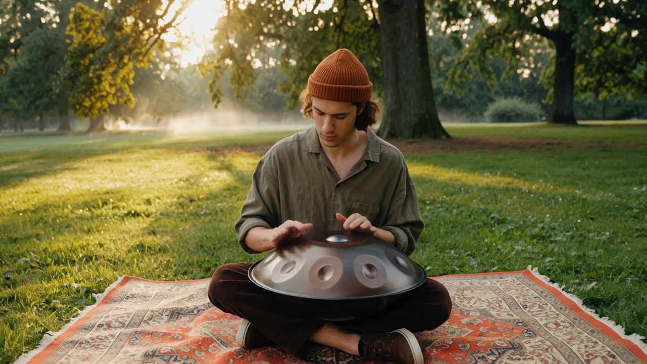 Olgun ağaçların altında oturan bir adam, kucağındaki metal handpan'e ritmik vuruşlar yapıyor; kadraj yavaşça daralırken arkasında altın rengi arka ışık, yeşil çim ve hafif bir pus beliriyor.
