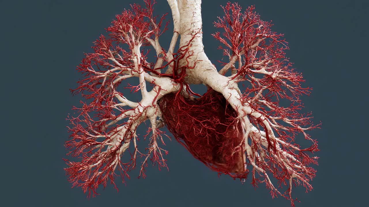 An Anatomical Study of the Lungs: A Detailed Visualization of the Bronchial Tree Structure and Vascular Network, Emphasizing the Intricate Blood Supply and Air Passageways