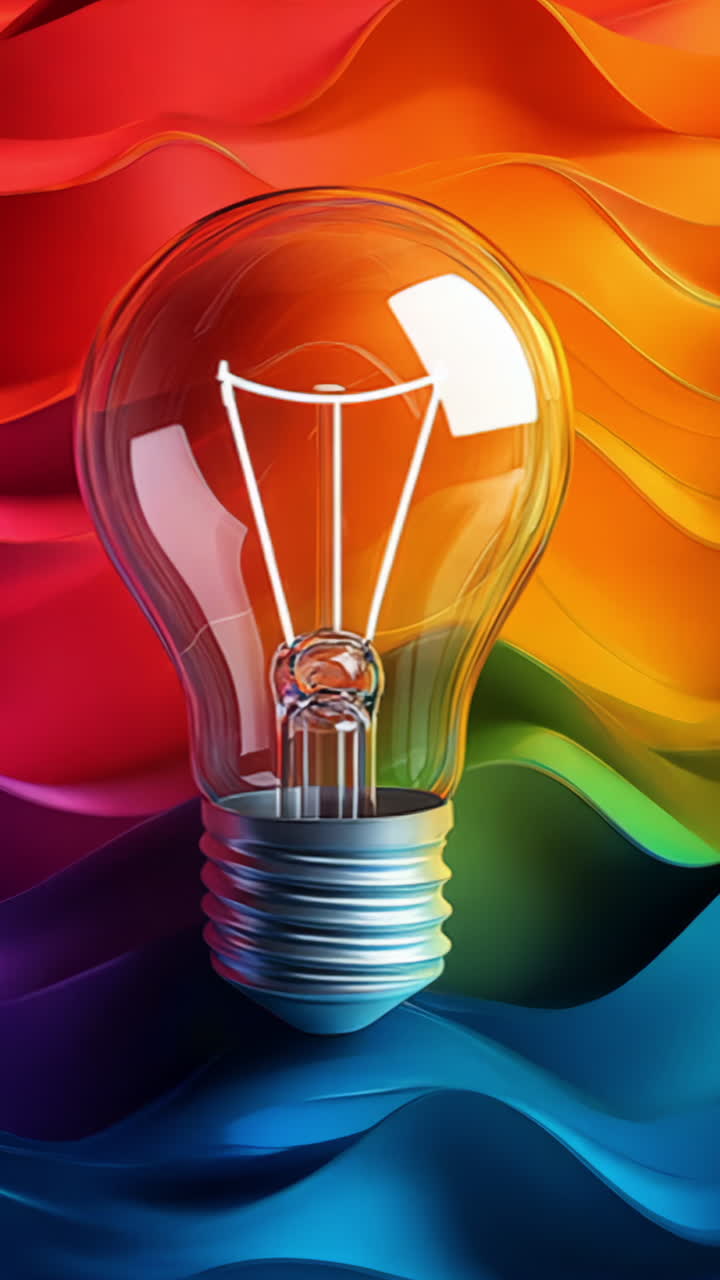 A light bulb is lit up in front of a colorful background. The light bulb is the main focus of the image Vertical video