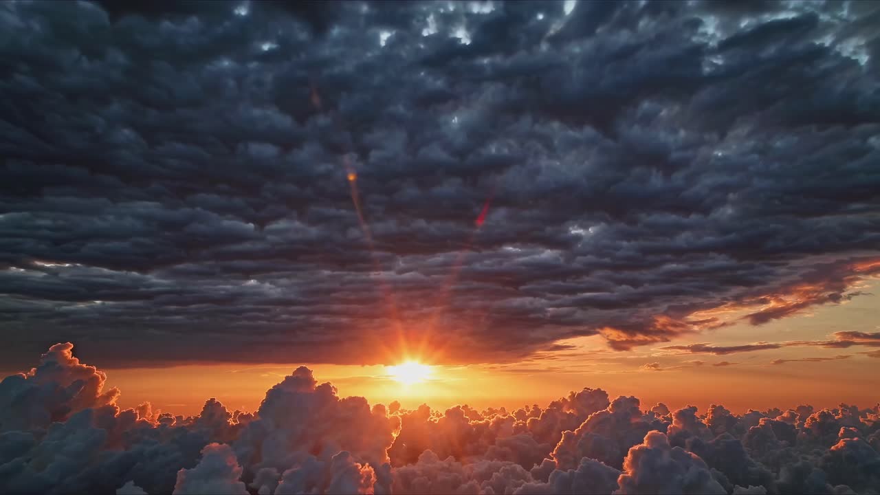 Aerial video captures a dramatic sunset above clouds, with a low-angle view highlighting vibrant