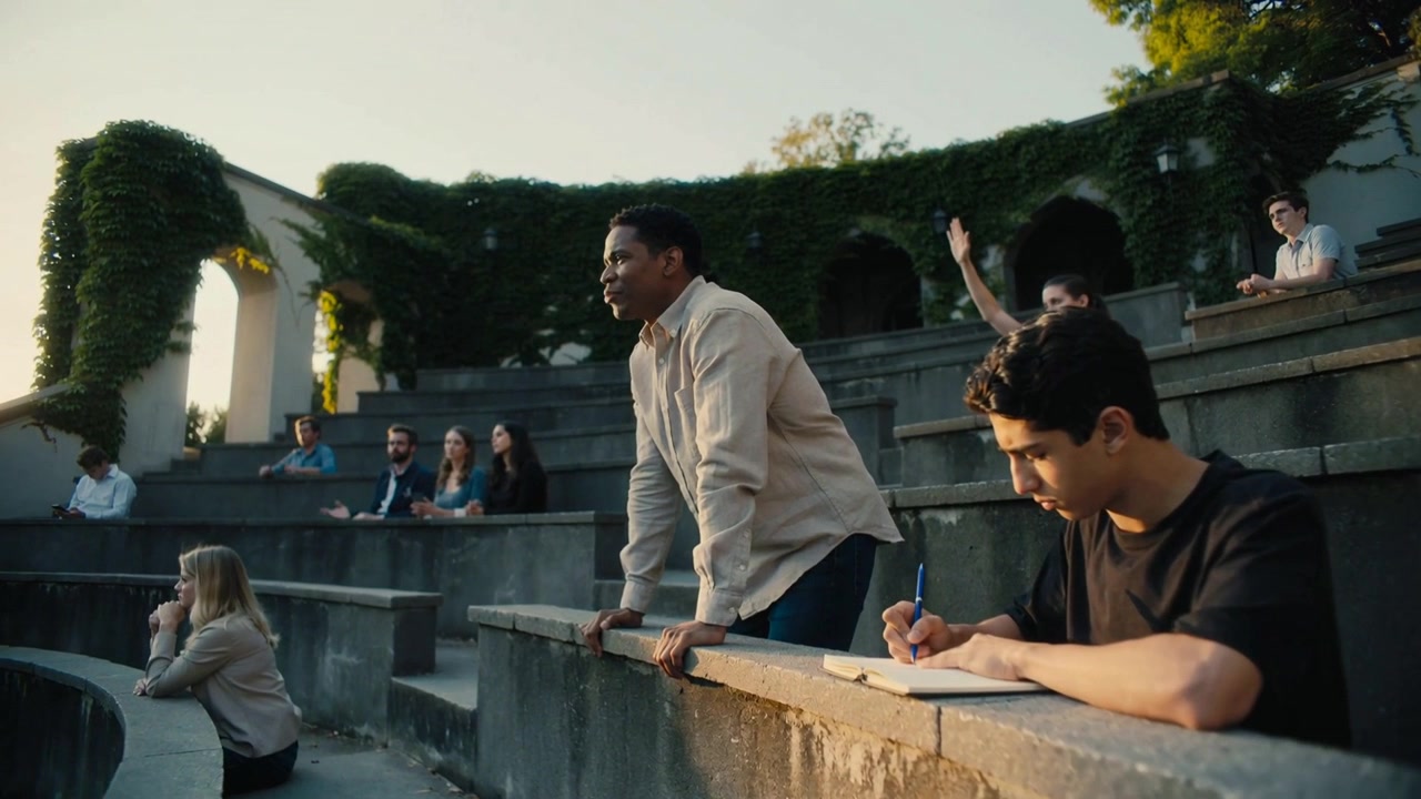 Man in beige shirt bracing on amphitheater ledge and responding to instructor prompt, notebook seen