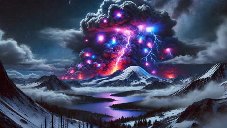 mystical volcanic eruption at night