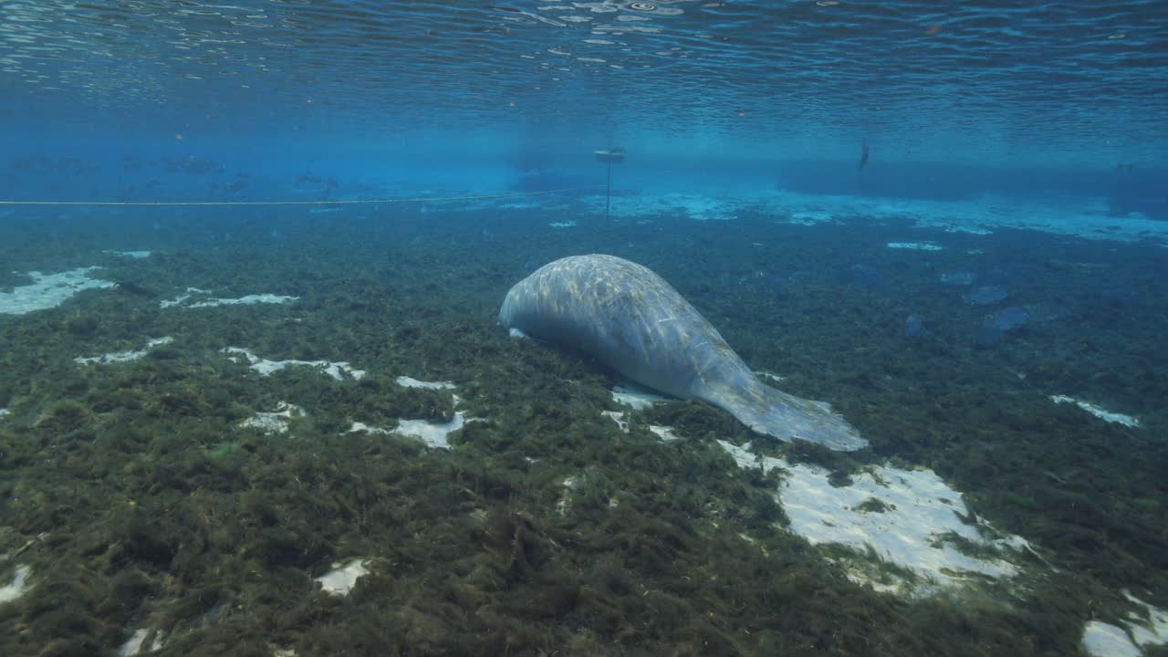 Manatee laying on shallow natural spring bottom with algae