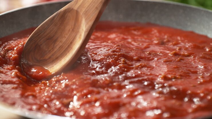 Mixing Tomato Sauce for Spaghetti Bolognese or Pizza with a Wooden Spoon in the Pan - the Hot Dish Bubbles and Steams in Slow Motion