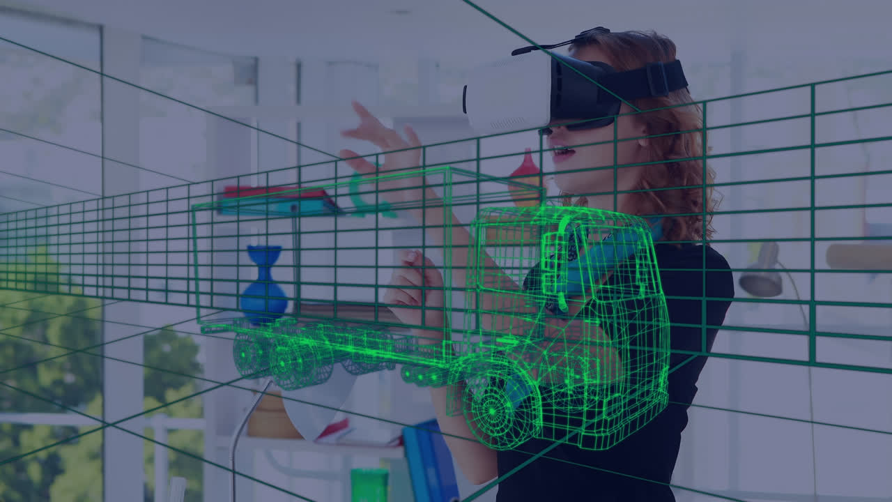 animación de dibujo 3d digital de un coche sobre una mujer usando auriculares vr