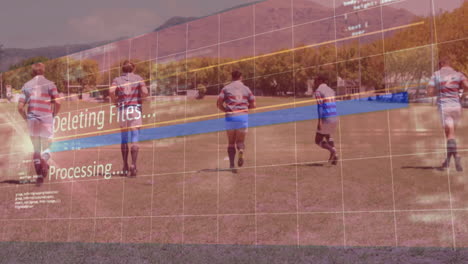 deleting files and processing animation over rugby players running on field