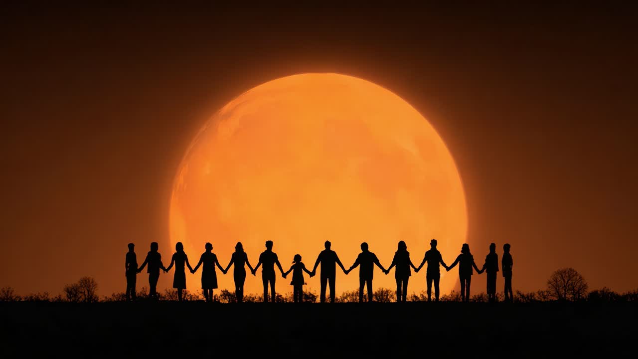 Silhouetted Figures Holding Hands Against a Majestic Orange Moon in the Background, Creating a Scene of Unity and Connection Beneath a Night Sky