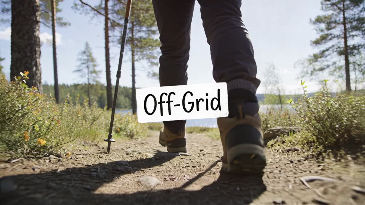 Walking adult hiker using poles in boots along pine trail toward lake, prompted by Off-Grid overlay