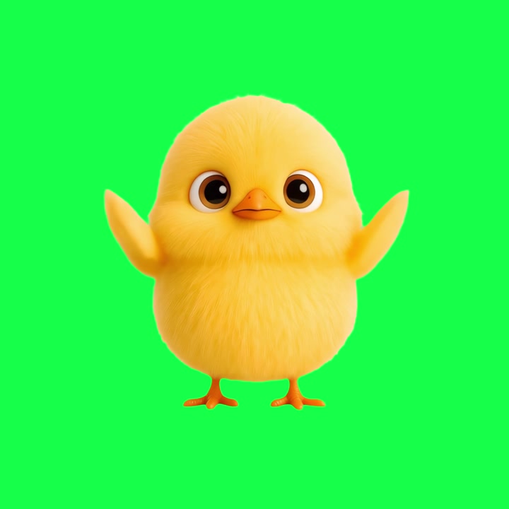 Lindo personaje animado de pollito amarillo saludando en pantalla verde.
