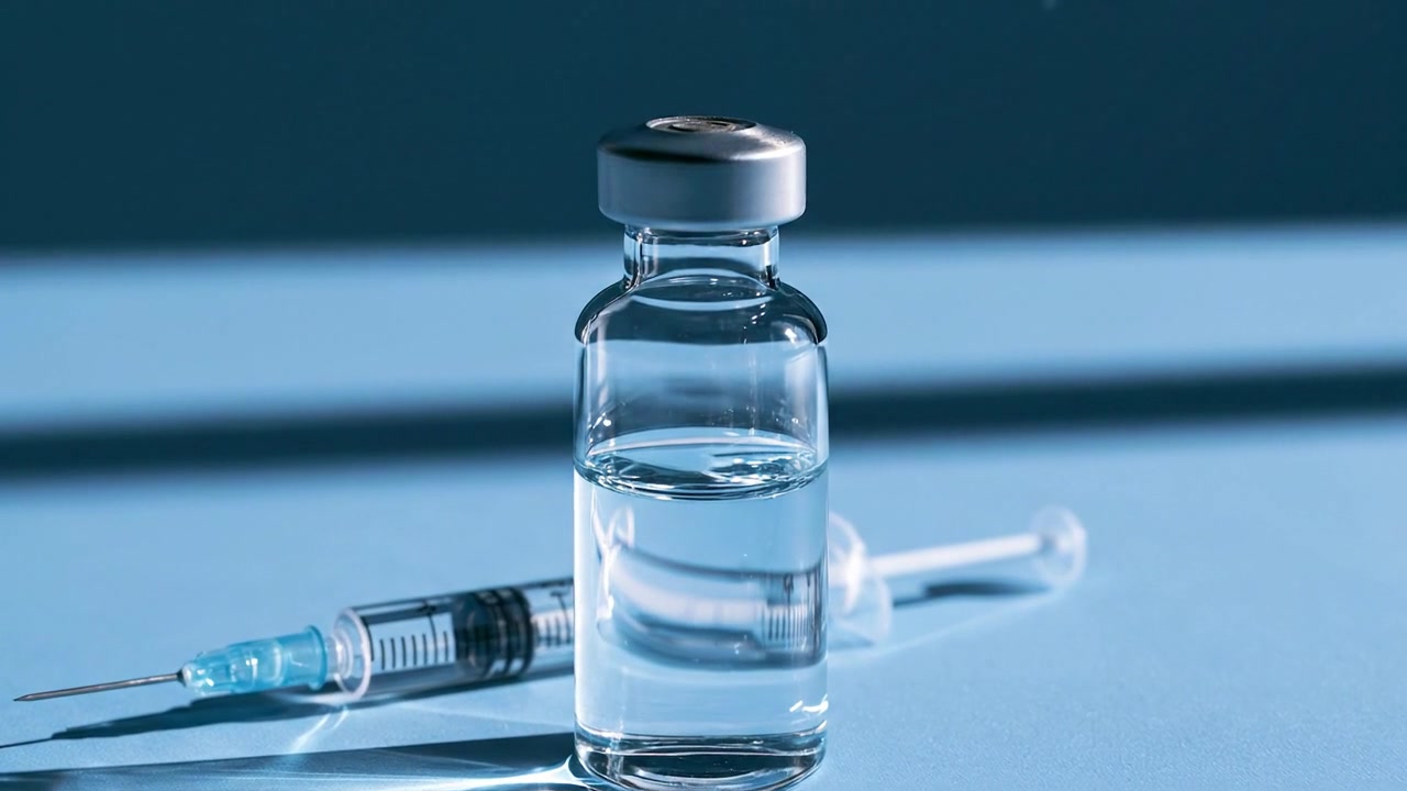 Transparant medicijnflesje en spuit gerangschikt op een blauw klinisch oppervlak