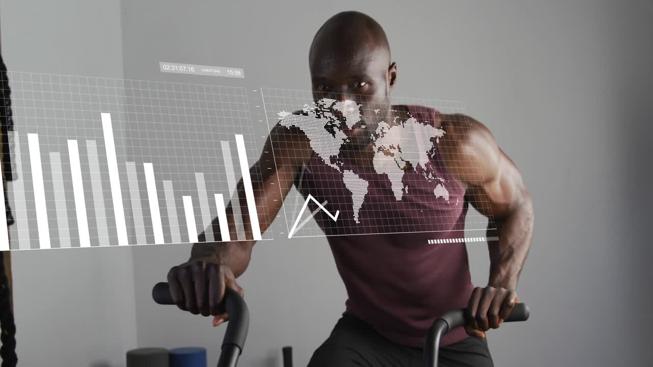 Mature man cycling air bike, starting HUD overlays, charts evolving into world map tracking fitness