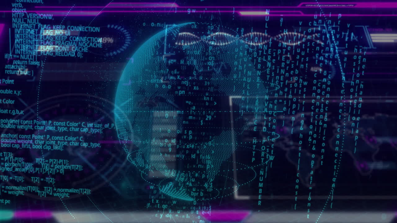 Binary code and data processing animation on digital globe over abstract background
