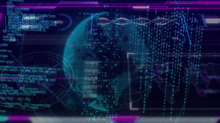 Binary code and data processing animation on digital globe over abstract background