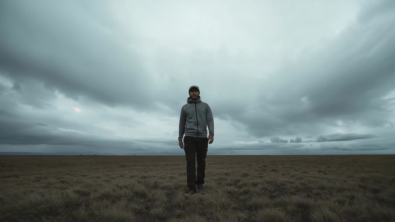 Appearing on horizon man walking toward camera across grassy plain, wearing gray hoodie and cap