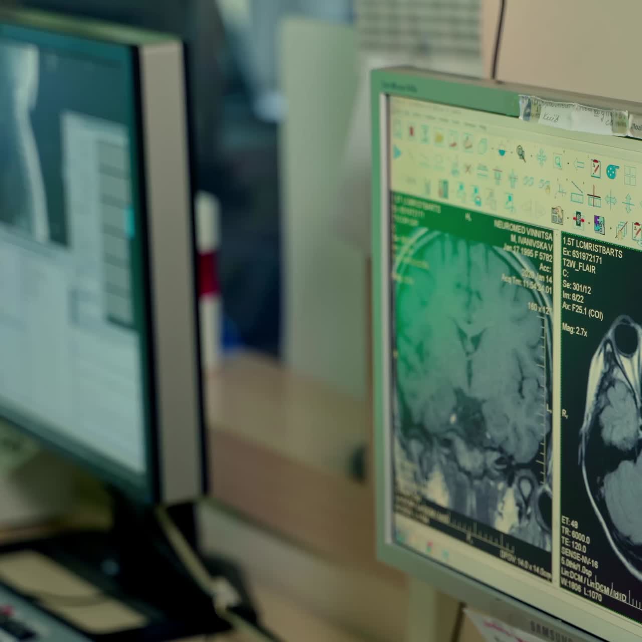 Monitors in medical office. System control room full of working displays