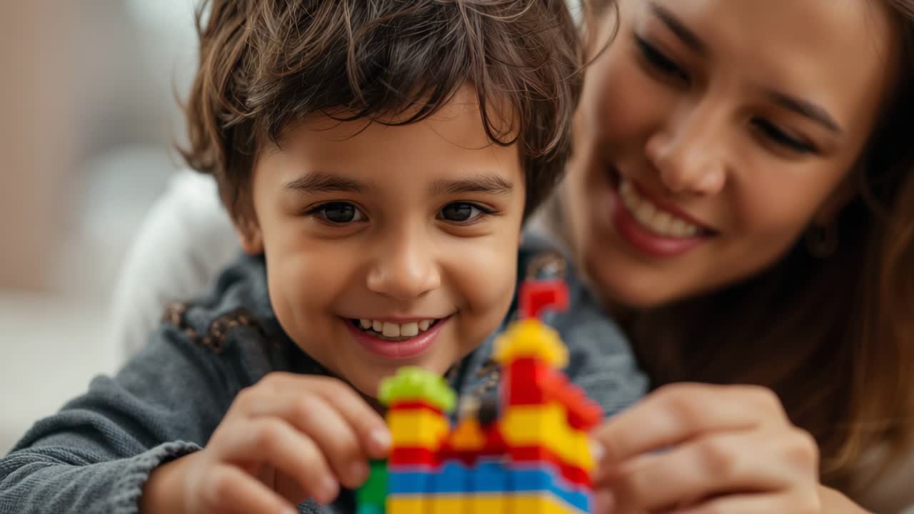 Child and Mother Playing with Toy Blocks