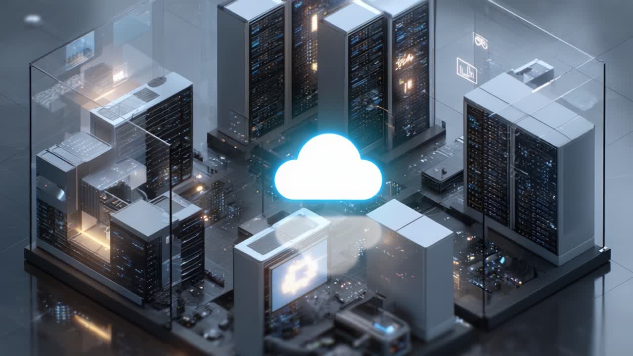 A Dynamic Cloud Computing Environment Showcasing Versatile Data Centers and Seamless Connectivity Between Advanced Servers for Optimized Performance and Storage Solutions