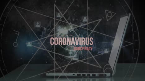 animación del texto de la conspiración del coronavirus en una computadora portátil