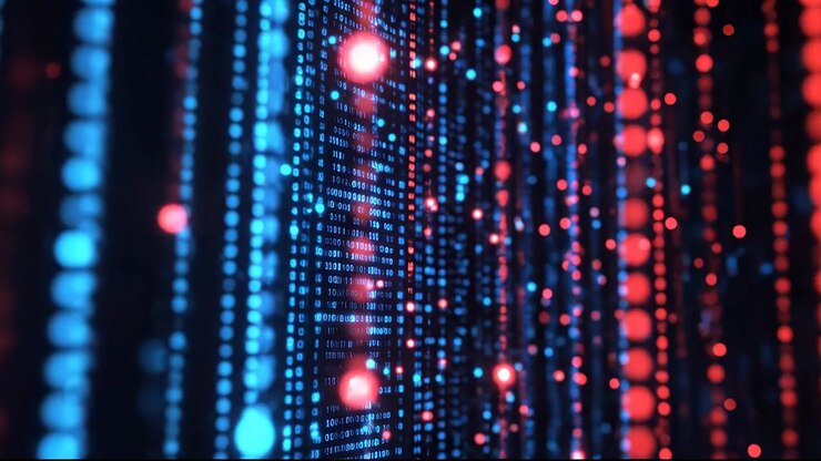 Abstract Digital Data Stream with Binary Code and Glowing Particles