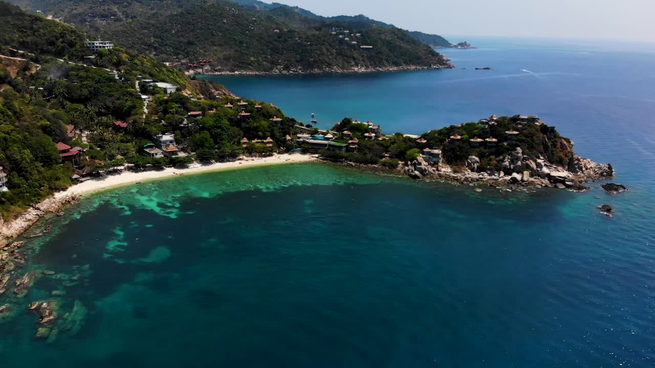 Aerial view drone perspective of Haad Sai Daeng beach, Koh Tao island, Thailand