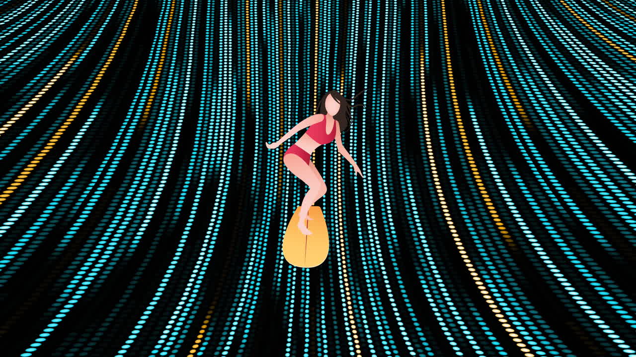 Animation of cartoon female surfer over black background with yellow and green lights