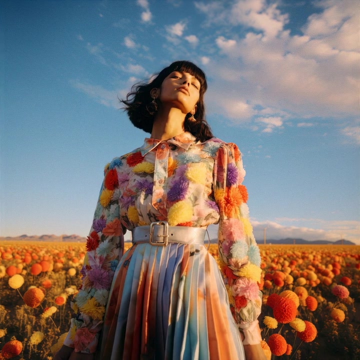 Donna elegante che posa in un campo di fiori vivaci sotto un cielo blu