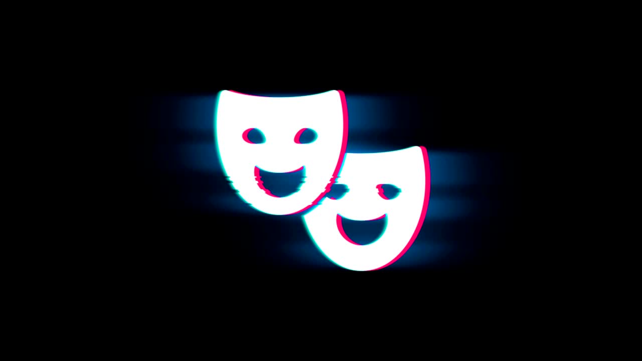 el símbolo de la máscara de teatro en la animación vintage retro de glitch.