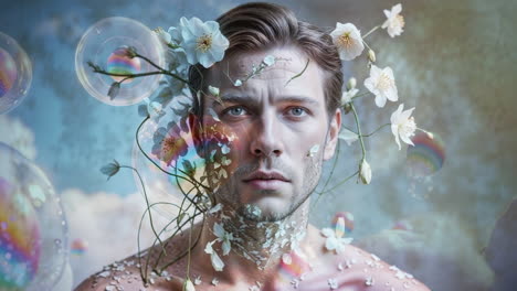 Ethereal Portrait of a Man Adorned with Flowers and Iridescent Bubbles