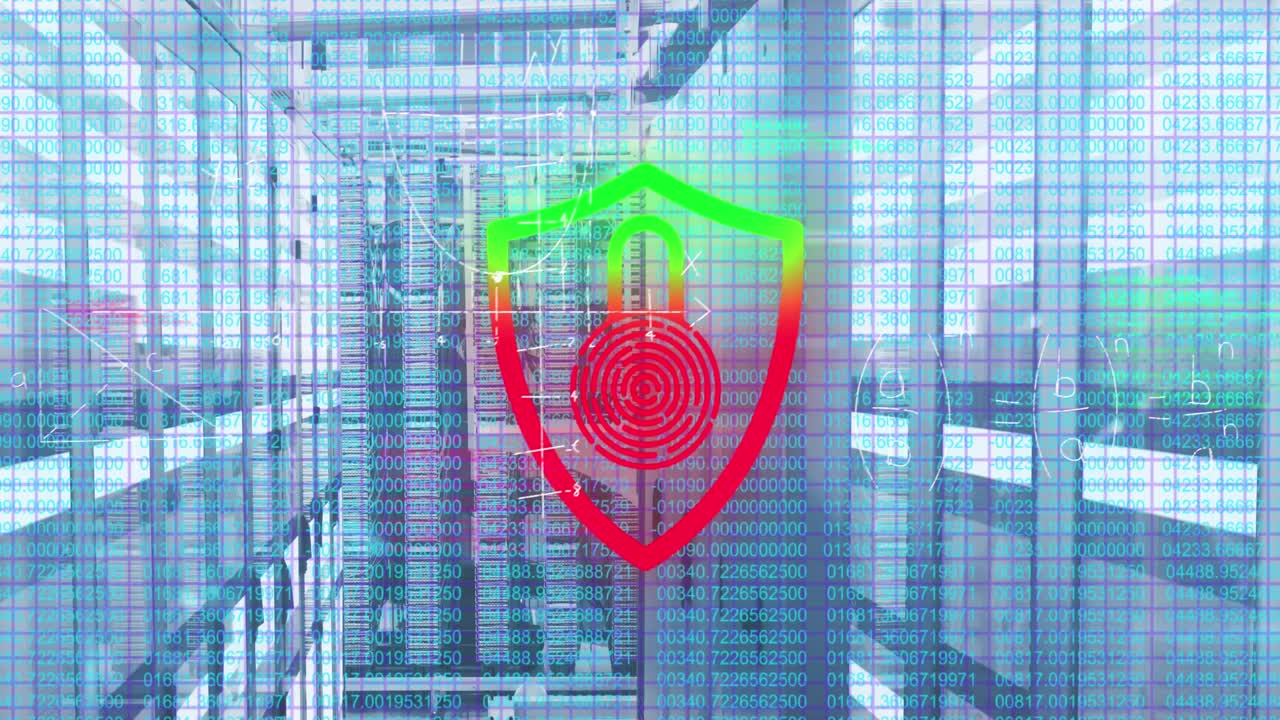 Animation of security padlock icon and mathematical equations against computer server room
