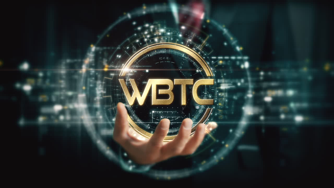 A visionary businessman extends his hand, unveiling a vibrant futuristic holographic display showcasing global crypto trading, business analytics, stock exchanges, and market trends : WBTC