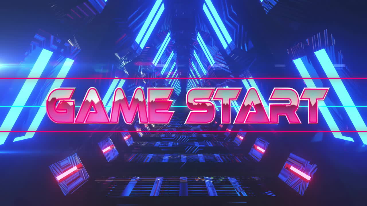 Game Start text animation over futuristic neon-lit tunnel background