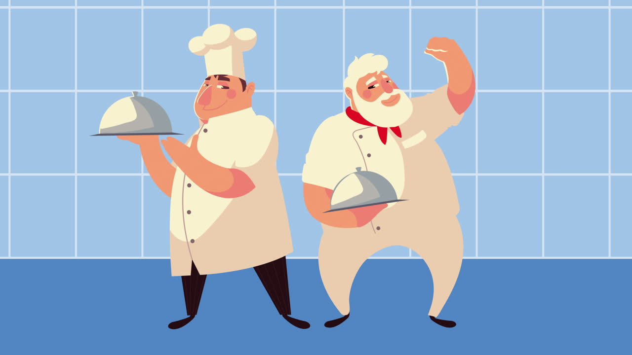 chefs couple with trays characters animation