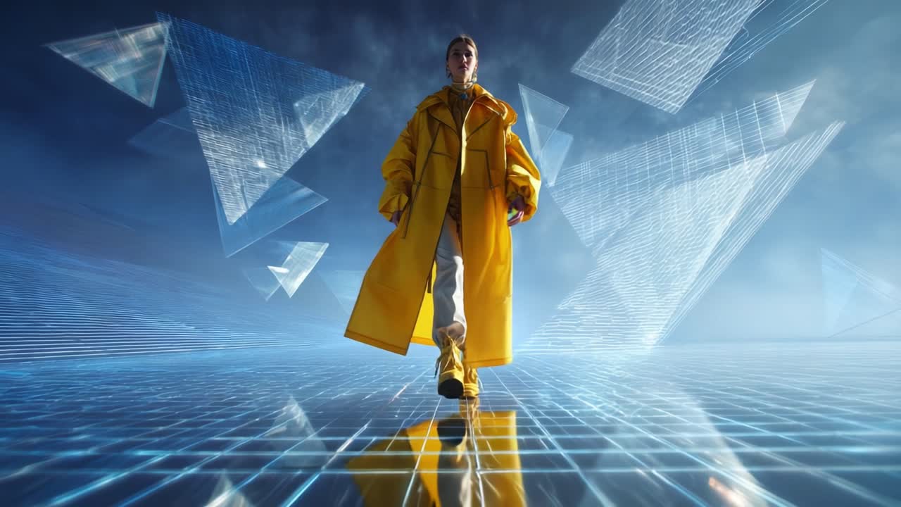 A futuristic figure in a vibrant yellow raincoat walks confidently through a surreal digital landscape filled with geometric shapes and reflections, embodying a blend of style and innovation in a mesmerizing environment