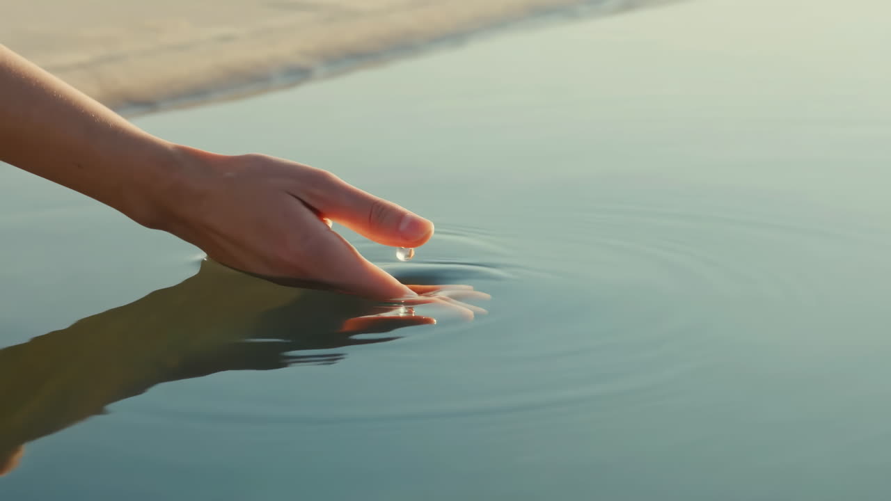 Mano che sfiora la superficie calma dell'acqua, la punta del dito crea increspature concentriche sul lago cristallino all'alba, con luce calda.