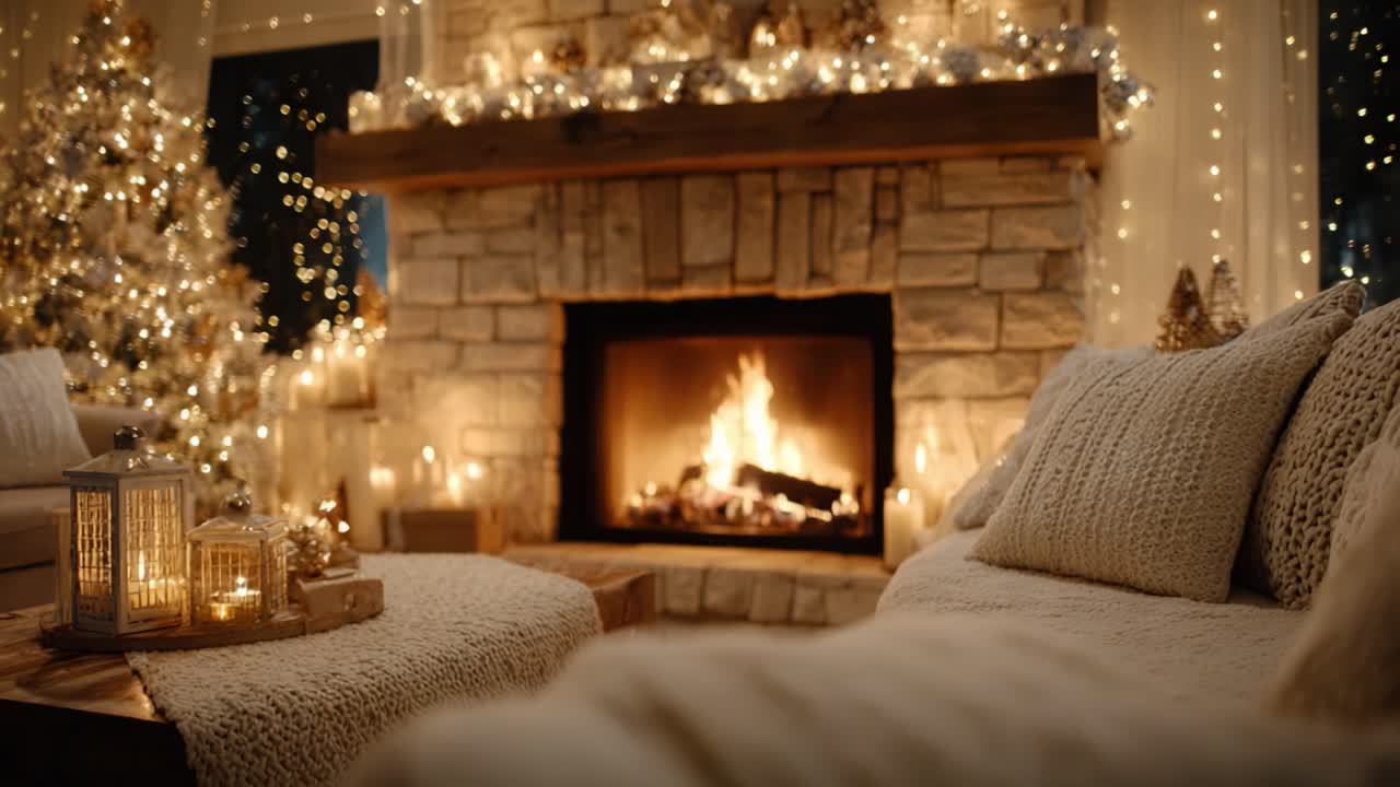 Warm Cozy Christmas Living Room with Fireplace and Decorated Tree, Creating a Festive Ambiance with Soft Lighting and Rustic Elements for Holiday Gatherings
