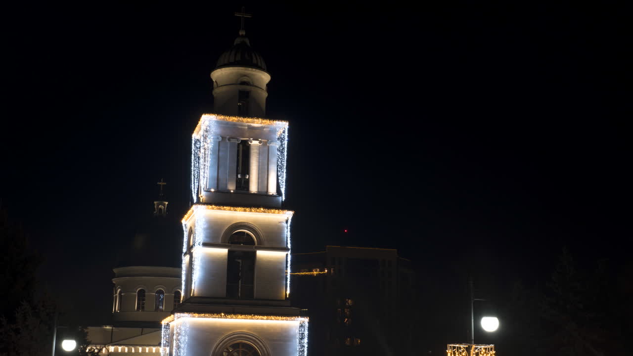 Motion timelapse of Chisinau Cathedral in city center with christmas decorations. Moldova